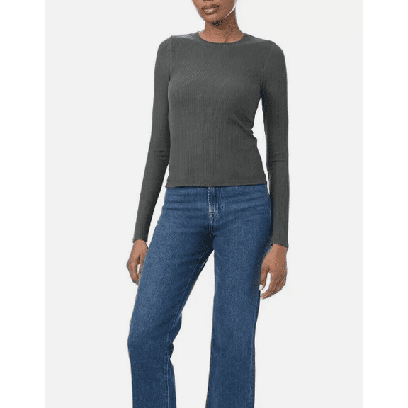 Splendid Womens Rib Classic Long Sleeve Crew Neck Tee Green Small