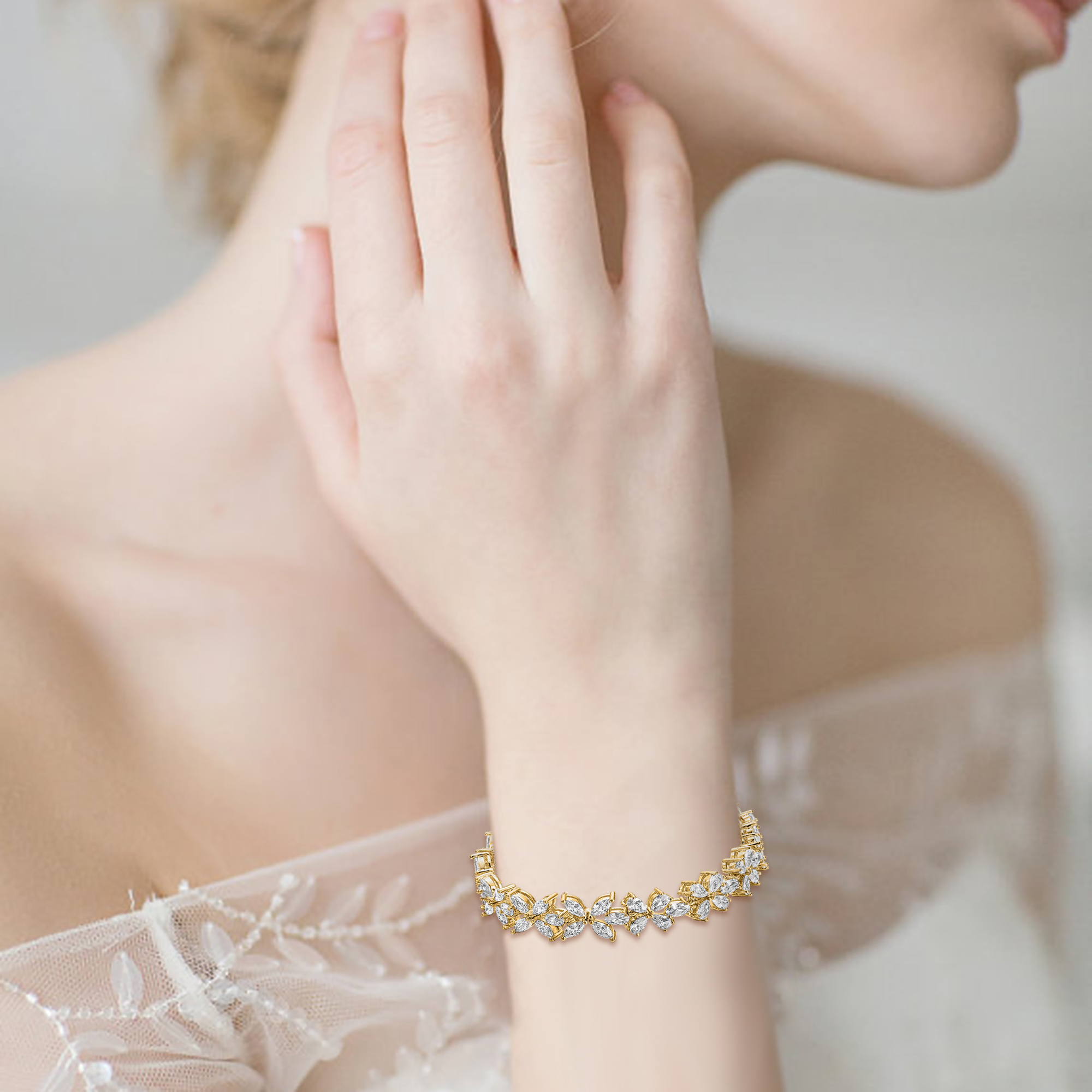 Wedure Wedding Jewelry Sets for Bridal,14K Gold Plated Flower Leaf Teardrop Cubic Zirconia Necklace Dangle Earrings Bracelet Set for Women Bridesmaid - image 3 of 5