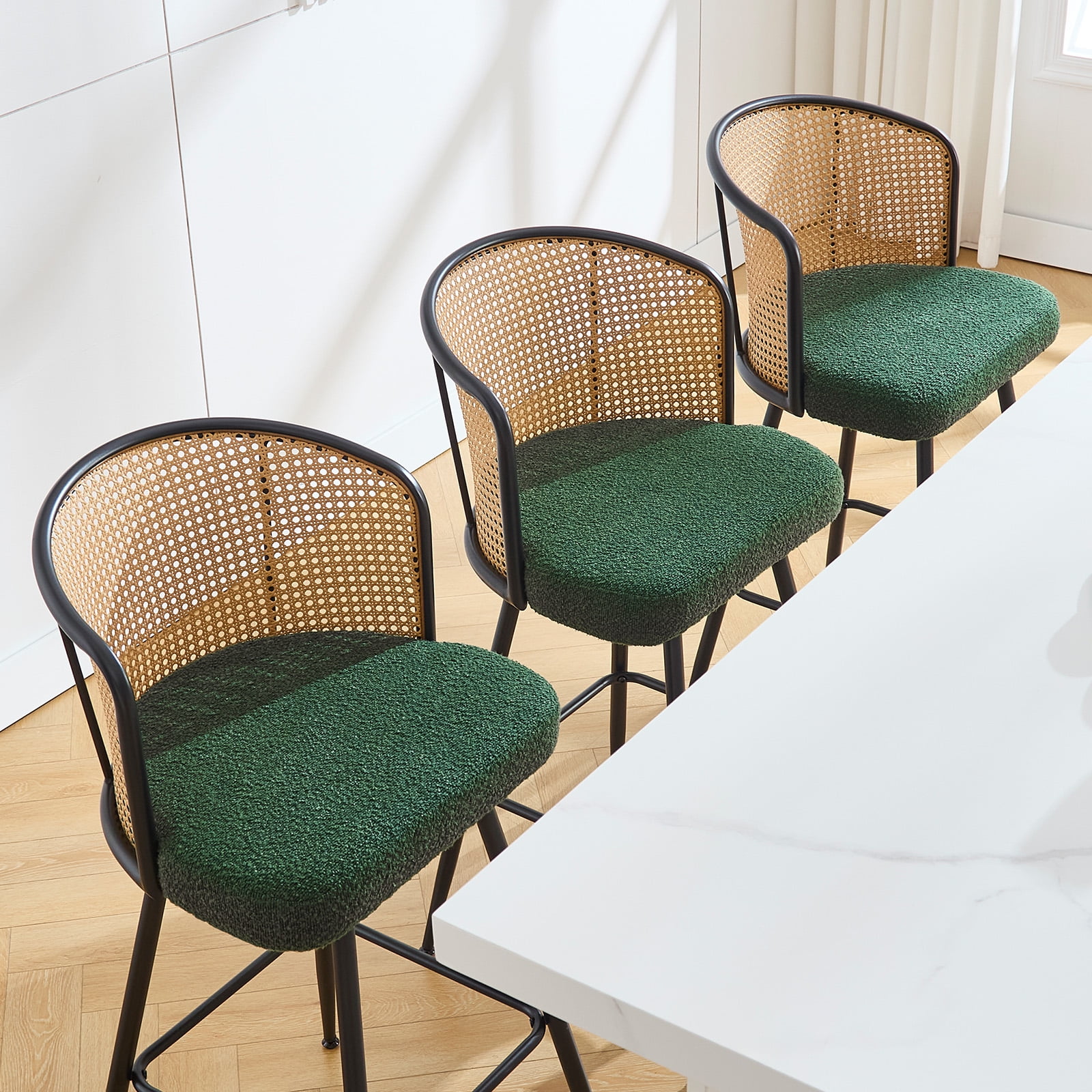 ANMINY Rattan Swivel Bar Stools Set of 3, 26" Counter Height with Rattan Back and Metal Legs, Mid-Century Modern Armless Boucle Fabric Barstools Seat, Upholstered Counter Stools for Kitchen Island