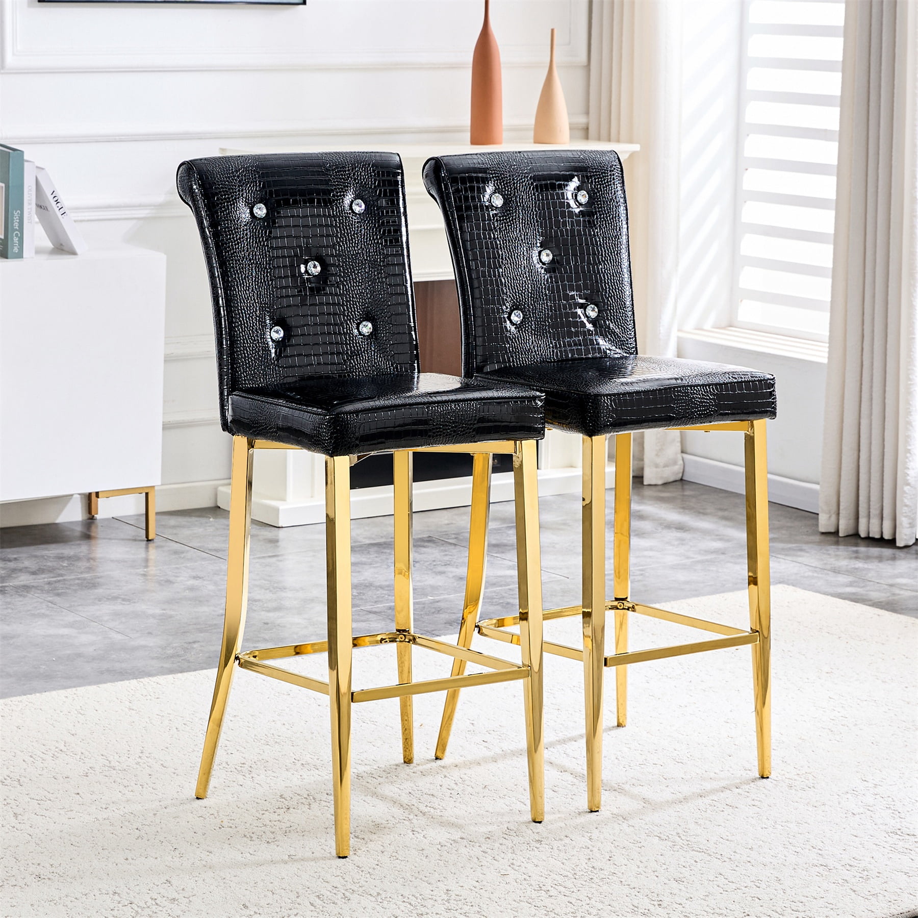 Alvantor Bar Stools Set of 2 Vintage Leather Bar Stools with Crystal Clasp Counter Stool Chairs for Kitchen Island Black