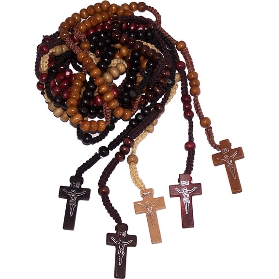 Five Rosaries : Black, Tan, Ivory, Brown and Maroon Colored Wooden Beads Rosary Necklaces with Jesus Imprint Cross