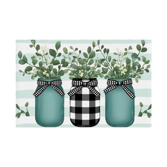 AshasdS Green Mason Jar with Eucalyptus Leaves and Buffalo Plaid Ribbon Linen Table Mats Set of 4 12x18 inch for Spring Summer Home Table Decor
