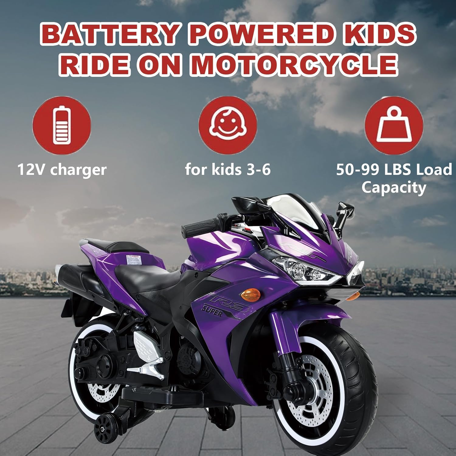 HONGLONG 12V Motorcycle for Kids, Children Battery Motorcycle 2 Wheels Motorbike Ride on Kids Electric Motorcycle with Lighting Wheels/LED Lights, Music, Purple