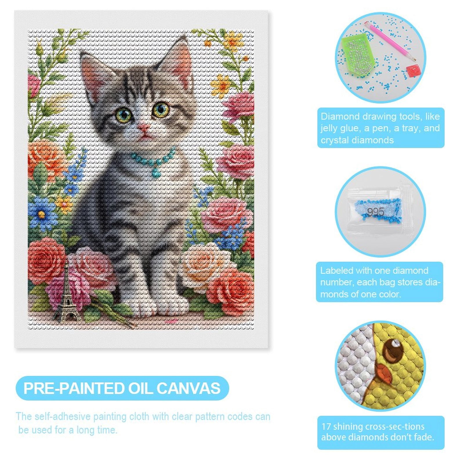 Diamond Art Kits for Adults, Kitten Floral Necklace Paris Flowers 5D Diamond Painting Kits for Adults Beginners, DIY Full Drill Diamond Painting, Gem Art and Crafts 12x16
