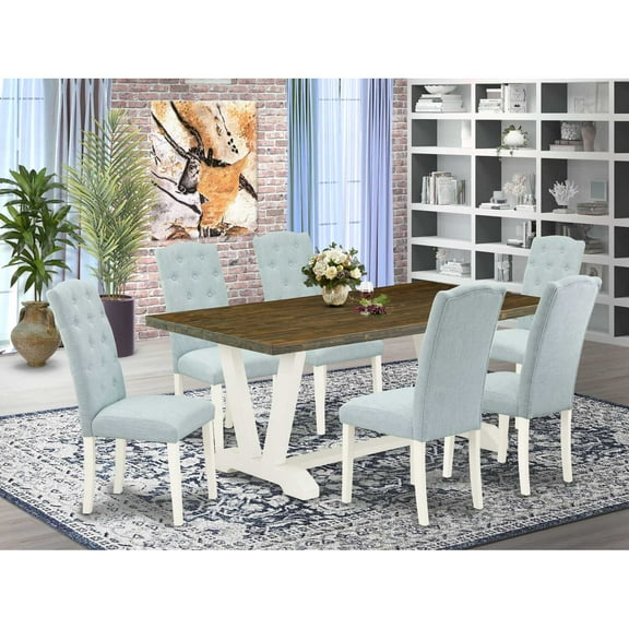 East West Furniture V-Style 7-piece Dining Room Table Set in White/Baby Blue