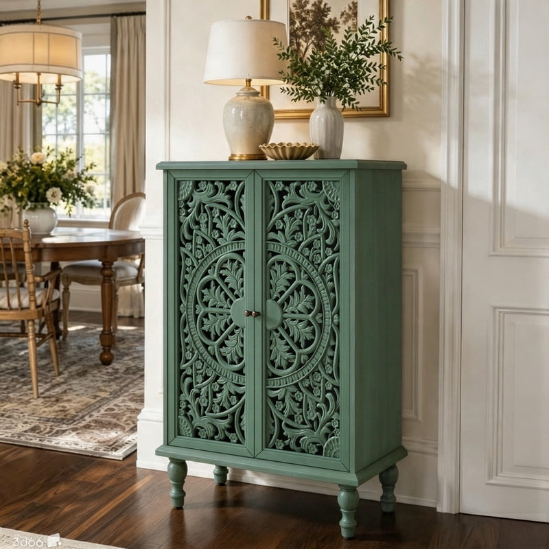 Freestanding Accent Storage Cabinet with Hollowed Out Carved Double Door, Farmhouse Display Buffet Chest with Adjustable Shelf