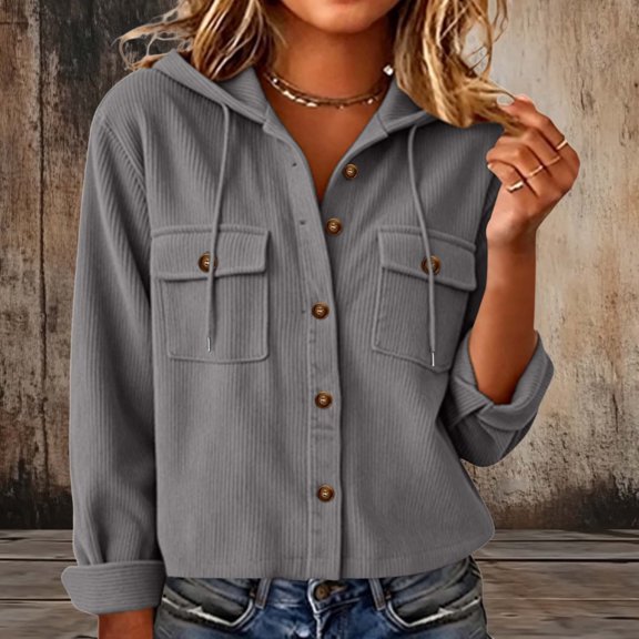 IUYRTFE Women's Corduroy Button Down Hooded Jacket Short Coat with Flap Pockets Casual Solid Color