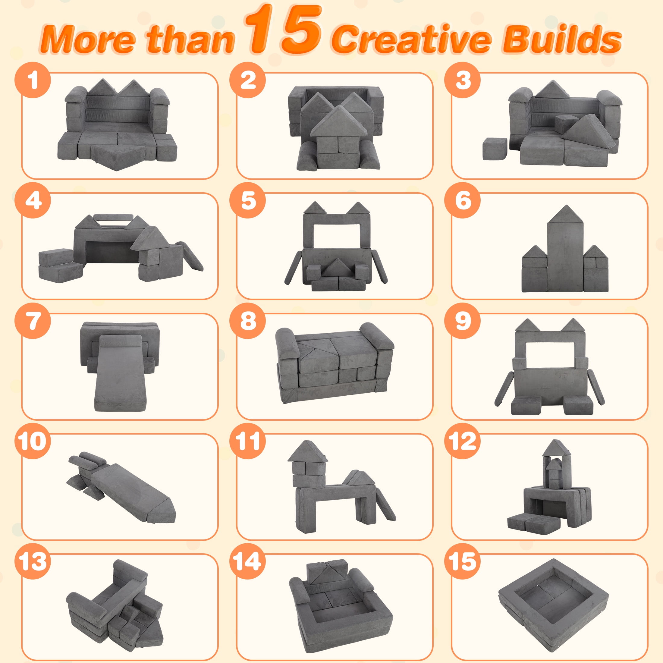 HSUNNS Modular Kids Couch Play Set, 12 PCS Indoor Sponge Sofa for Playroom and Living Room, Gray