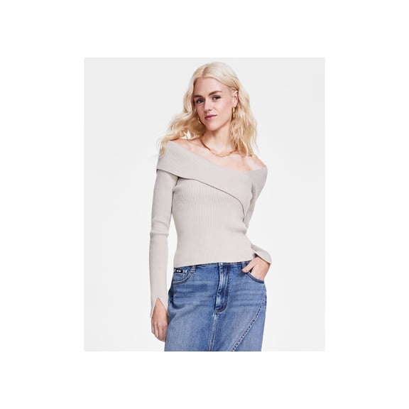Women's Asymmetrical-Neck Ribbed Sweater Pebble M