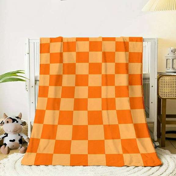 Orange Checkered Print Soft Fleece Blanket, 70x100cm, Contemporary Style, Knitted, Digital Print, All-Season, Polyester, Flannel, Multi-Use for Sofa, Office, Bed