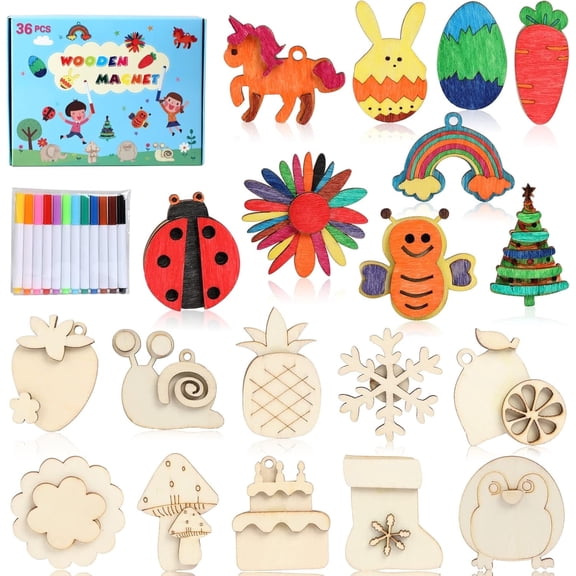 TEAMD DIY Wooden Magnets, 36 Pieces Wooden Crafts, Kids Painting Set, Party Souvenirs for Boys and Girls Ages 4-8, Birthday Easter Crafts for Ages 8-12.