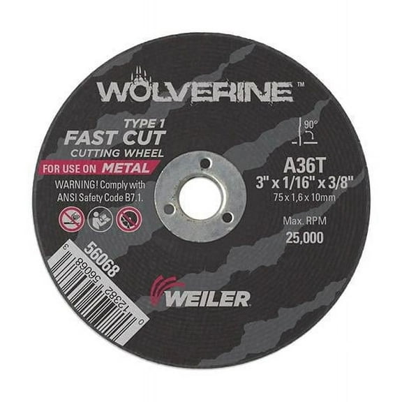 Weiler 804-56068 3 x .625 x .375 in. Wolverine Type 1 Cutting Wheel, A36T