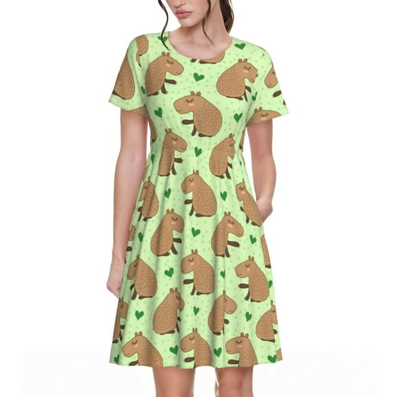 Spring Summer Dresses for Women 2025 - Capybara Print Green Wedding Guest Dresses, Beach Vacation Clothes, Hawaiian Sundresses Casual Short Sleeve Dress for Women with Pockets