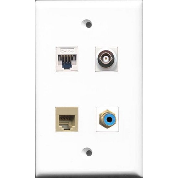 RiteAV - 1 Port RCA Blue and 1 Port Phone RJ11 RJ12 Beige and 1 Port BNC and 1 Port Cat5e Ethernet White Wall Plate