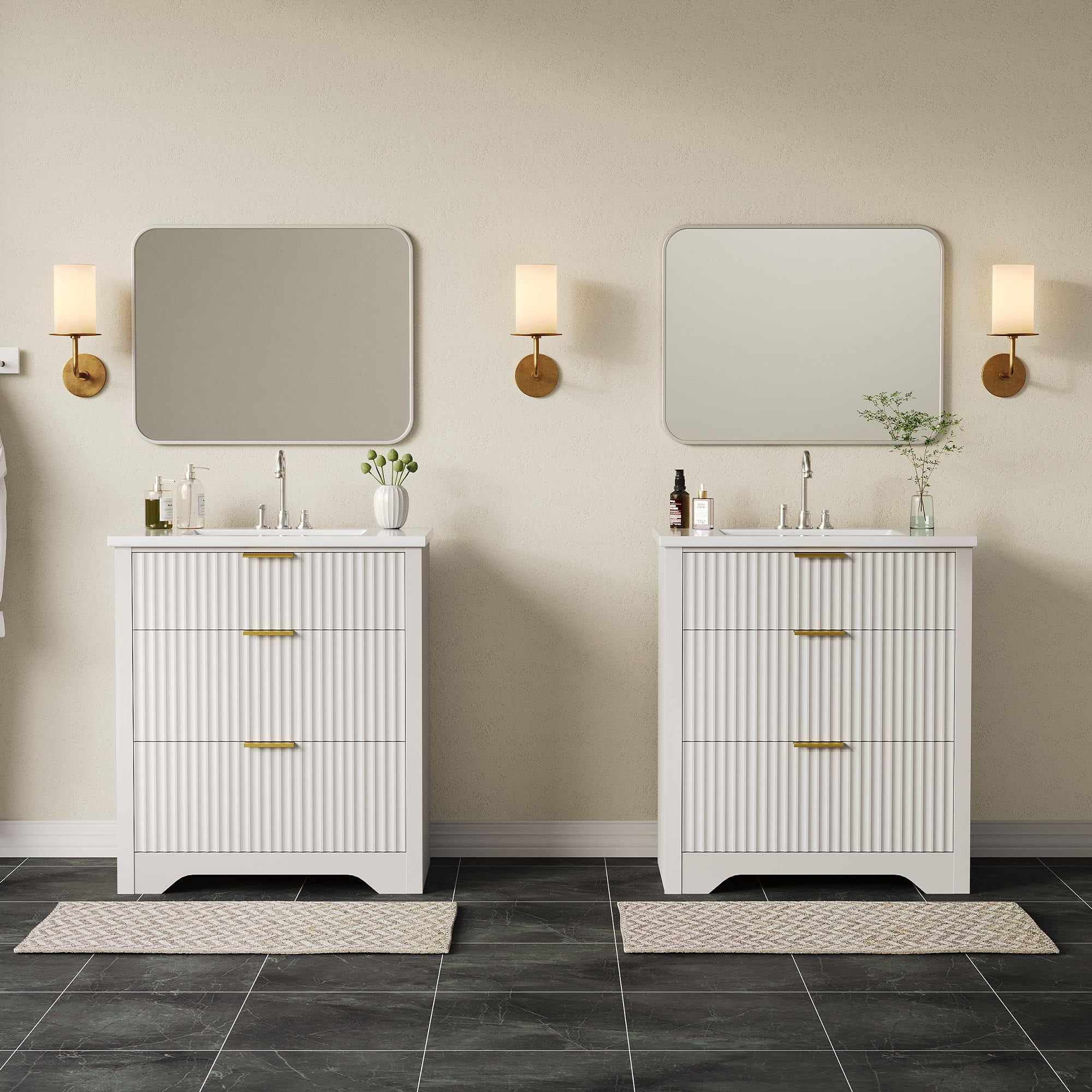 24" Fluted Bathroom Vanity with Sink, Farmhouse Freestanding Bathroom Sink Cabinet with 2 Drawers & 1 Flip-Down Drawer, Easy Assembly & Cleaning, White