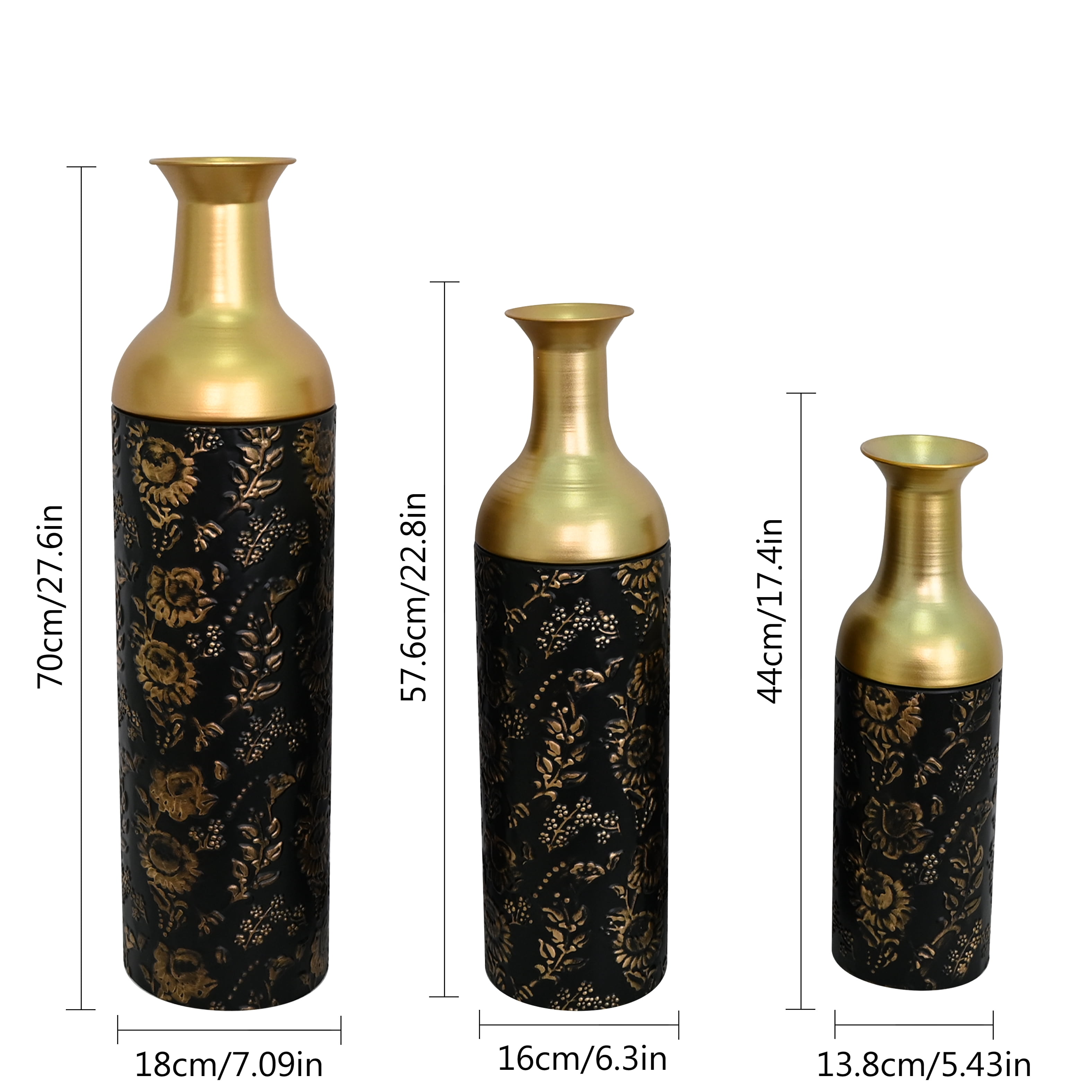Metal Floor Vases Set of 3 with Leaf Pattern, Tall Decorative Vases and Home Decor Accents for Living Room Entryway, Black and Gold
