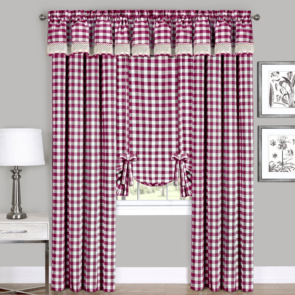 Woven Trends Farmhouse Curtains Kitchen Décor, Buffalo Plaid Shades, Classic Country Plaid Gingham Checkered Design, Farmhouse Décor, Window Curtain Treatments (Burgundy, Tie-Up Shade)