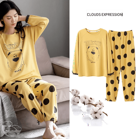 

QWZNDZGR Spring Autumn New 100%Cotton Elegant Women s Pajama Sets Pyjamas Cartoon Print Sleepwear Long Pijama Mujer Nightsuit Home Lounge