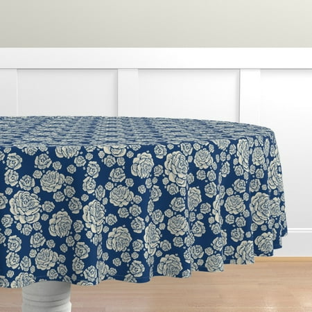 

Cotton Sateen Tablecloth 70 Round - Roses Cream Blue Floral Vintage Style Botanical Flowery Print Custom Table Linens by Spoonflower