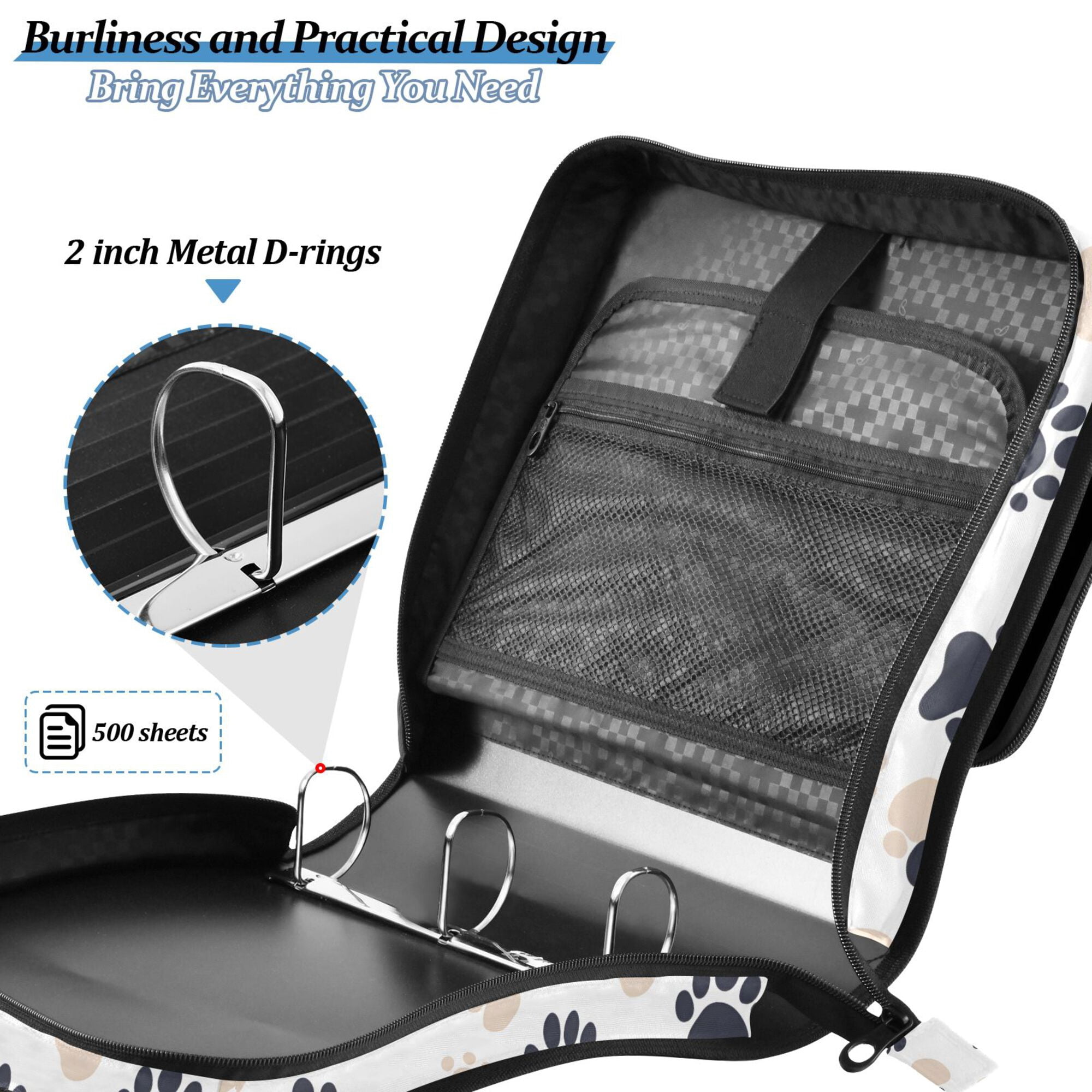FORMRS Zipper Binder with Shoulder Strap 2-inch Ring 500 Sheet Capacity File Bag, Black Cat Paw