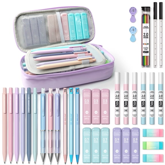 Four Candies Aesthetic Supplies, Mechanical Pencils 0.5mm, 0.7mm, 0.9mm & 2.0mm with Lead Refills, Cute Mechanical Pencils for Writing, Drawing & Drafting (Purple)