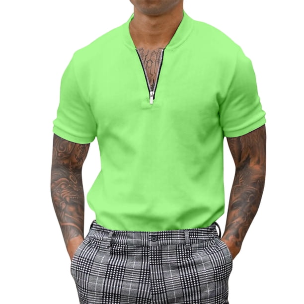 Blusa de manga corta con cuello alto y cremallera para hombre - Camisa informal de poliéster liso - Oficina/cita/fiesta de verano