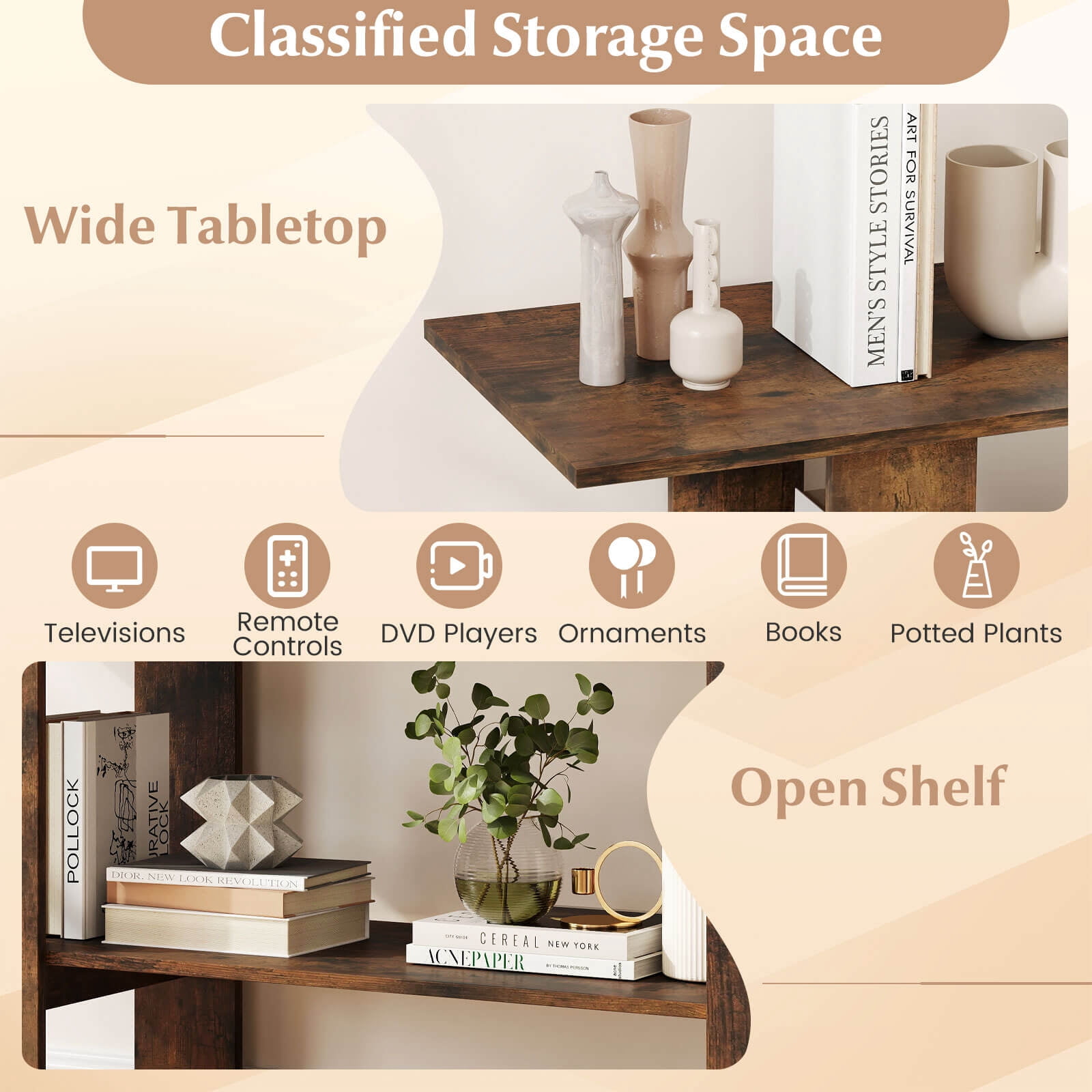 Costway TV Stand for up to 55 Inches TV Entertainment Center with Storage Shelf for Bedroom Rustic Brown