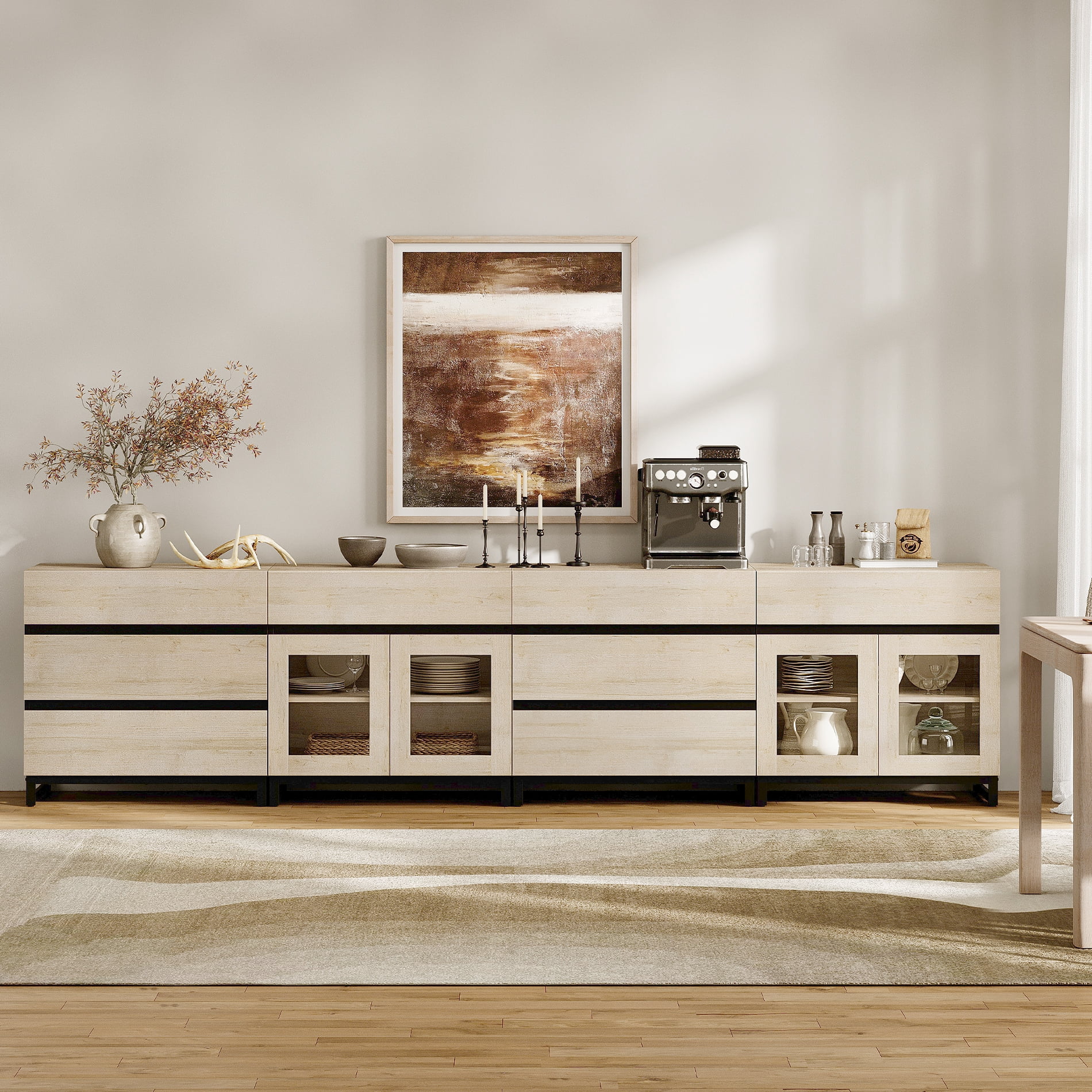 Modern 4-in-1 Sideboard Buffet Cabinet, Storage Credenza with 8 Drawers, Adjustable Shelf and Tempered Glass Doors, Metal Base Coffee Bar Cabinet for Home Decor,Beige