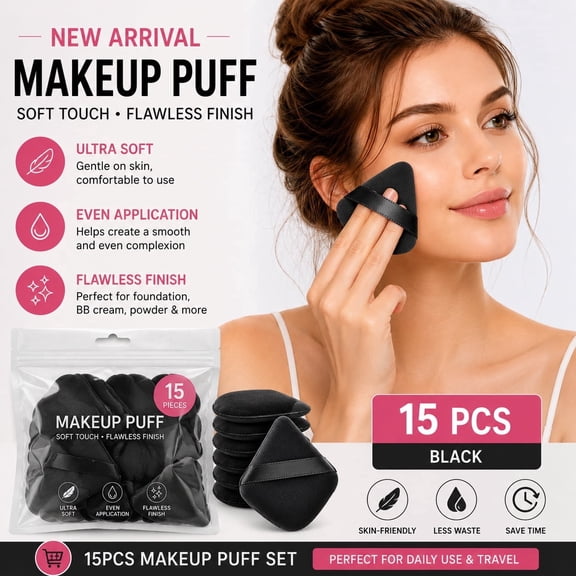 15PCS Black Triangle Powder Puff Set, Soft Velour Makeup Puffs with Finger Strap, Reusable Face Powder Applicator for Loose Powder, Foundation, Setting Powder and Makeup Blending