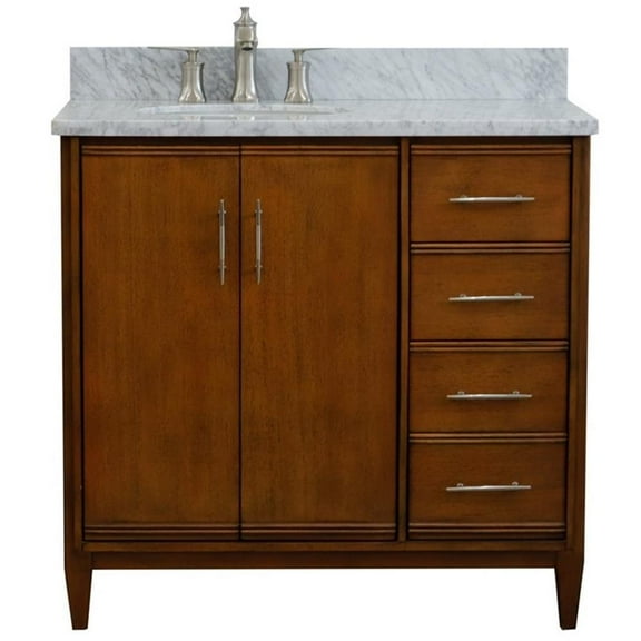 MCM Solid Wood Single Wooden Vanity  with Left Oval Sink in Walnut/White Carrara