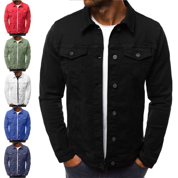 Afuyipoi Men's Vintage Denim Style Jacket Lapel Collar Slim Fit Workwear Outerwear Size M-3XL Black Size M