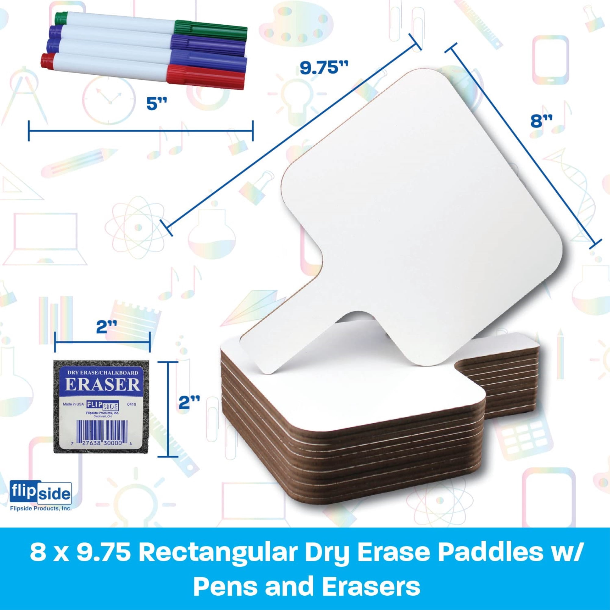 Rectangular Dry Erase Answer Paddle + Pen + Student Eraser - Bulk Class Pack Of 24 Sets