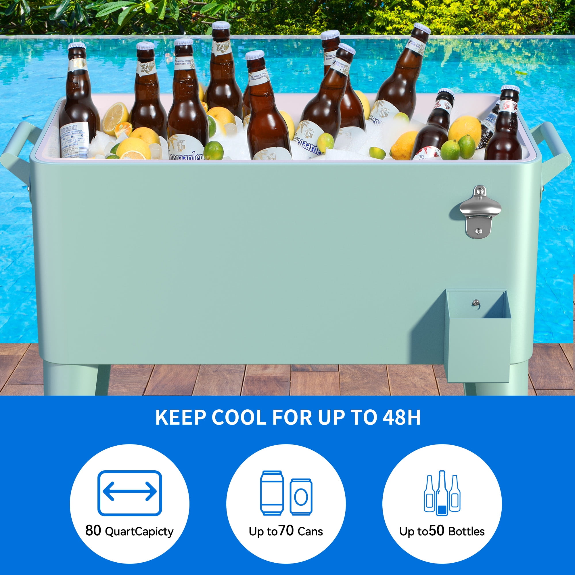 Dextrus 80 Quart Outdoor Rolling Cooler Cart with Bottle Opener Drainage, Portable Beverage Rolling Cart on Wheels, Light Green