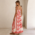 thumbnail image 5 of Women's Red White Tribal Geometric Print Spaghetti Strap Maxi Dress Square Neck Smocked Back Boho Vacation Dress, 5 of 6