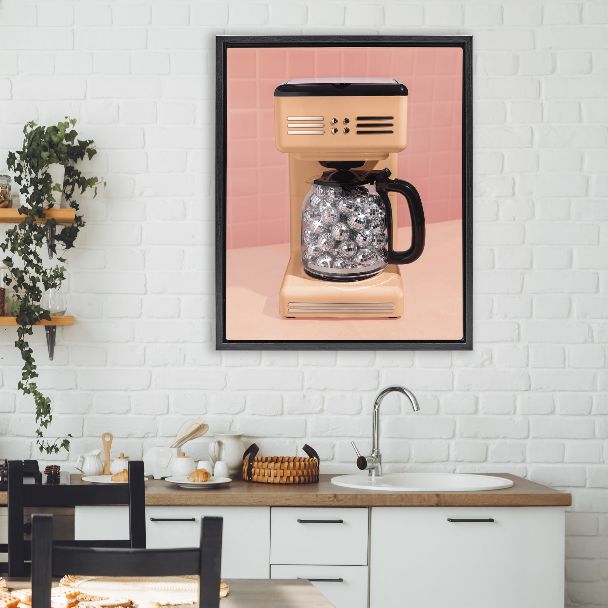 Stupell Industries Disco Coffee Maker over Orange Black Framed Floater Canvas Wall Art, design by LISH Creative