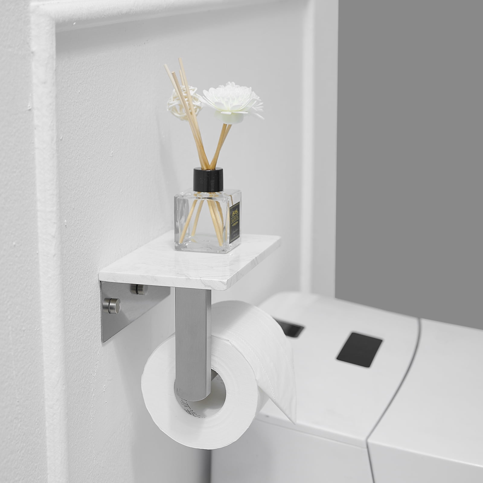 Wall Mount Toilet Paper Holder With Natural Marble Shelf Tissue Storage Holder In Brushed Nickel
