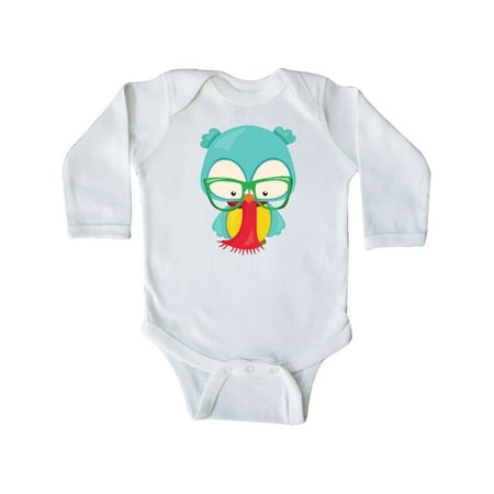 

Inktastic Hipster Owl Owl With Glasses Scarf Blue Owl Gift Baby Boy or Baby Girl Long Sleeve Bodysuit