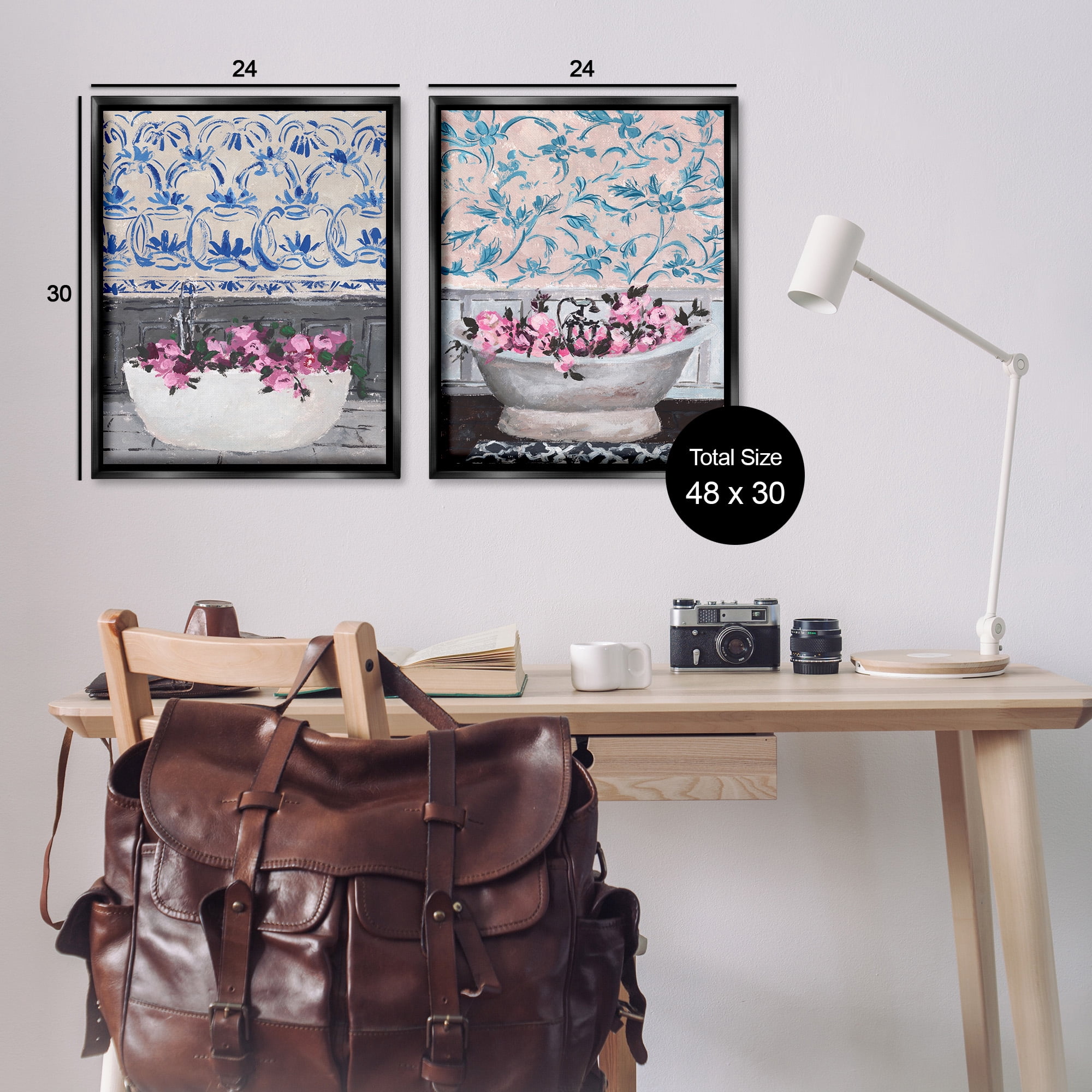 Stupell Industries Flowers In Bath Tub Interior Design Botanical & Floral Painting Black Floater Framed Canvas Art Print Wall Art, 25 x 31, Set of 2