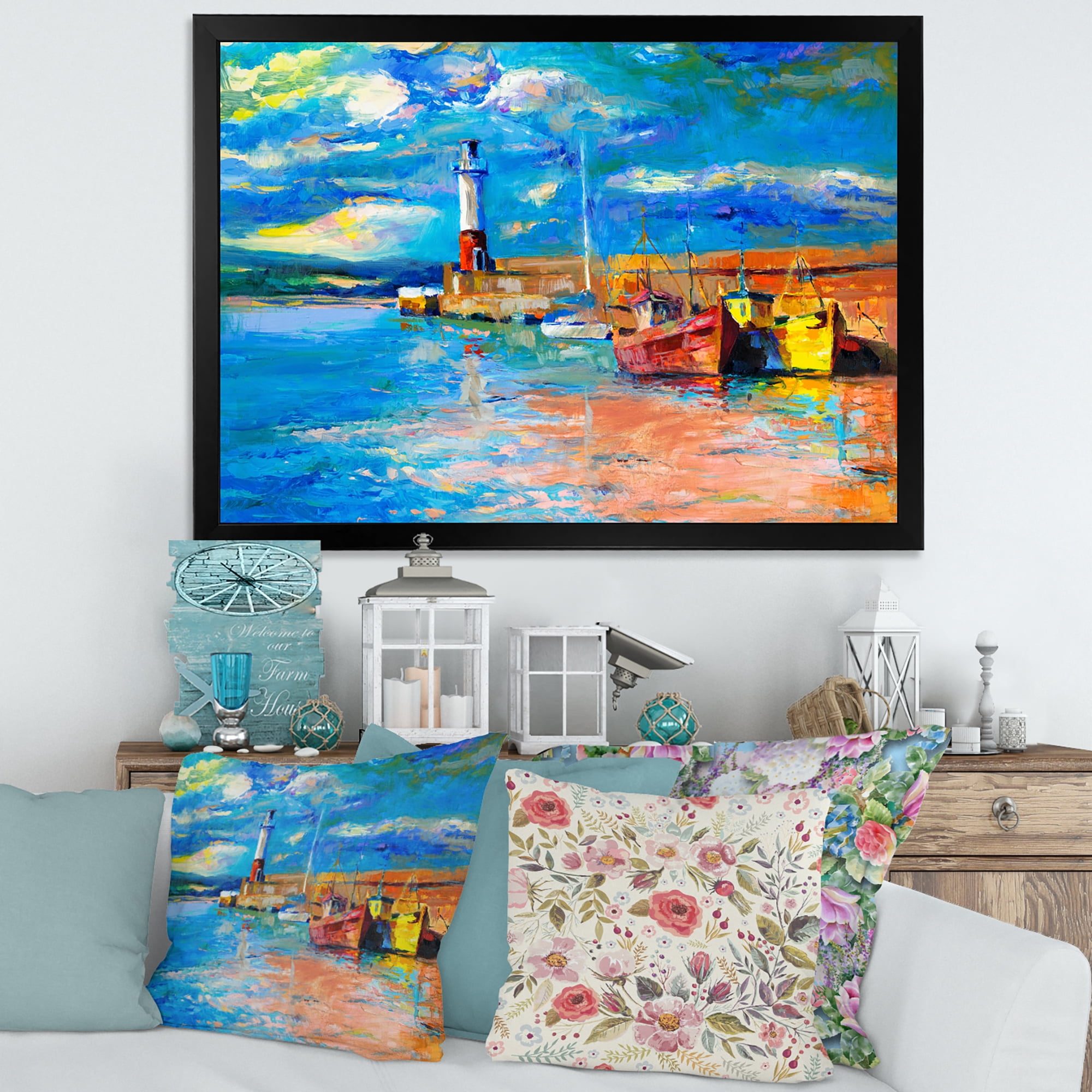 Designart 'Lighthouse By The Shore In Evening Glow ' Nautical & Coastal Framed Art Print