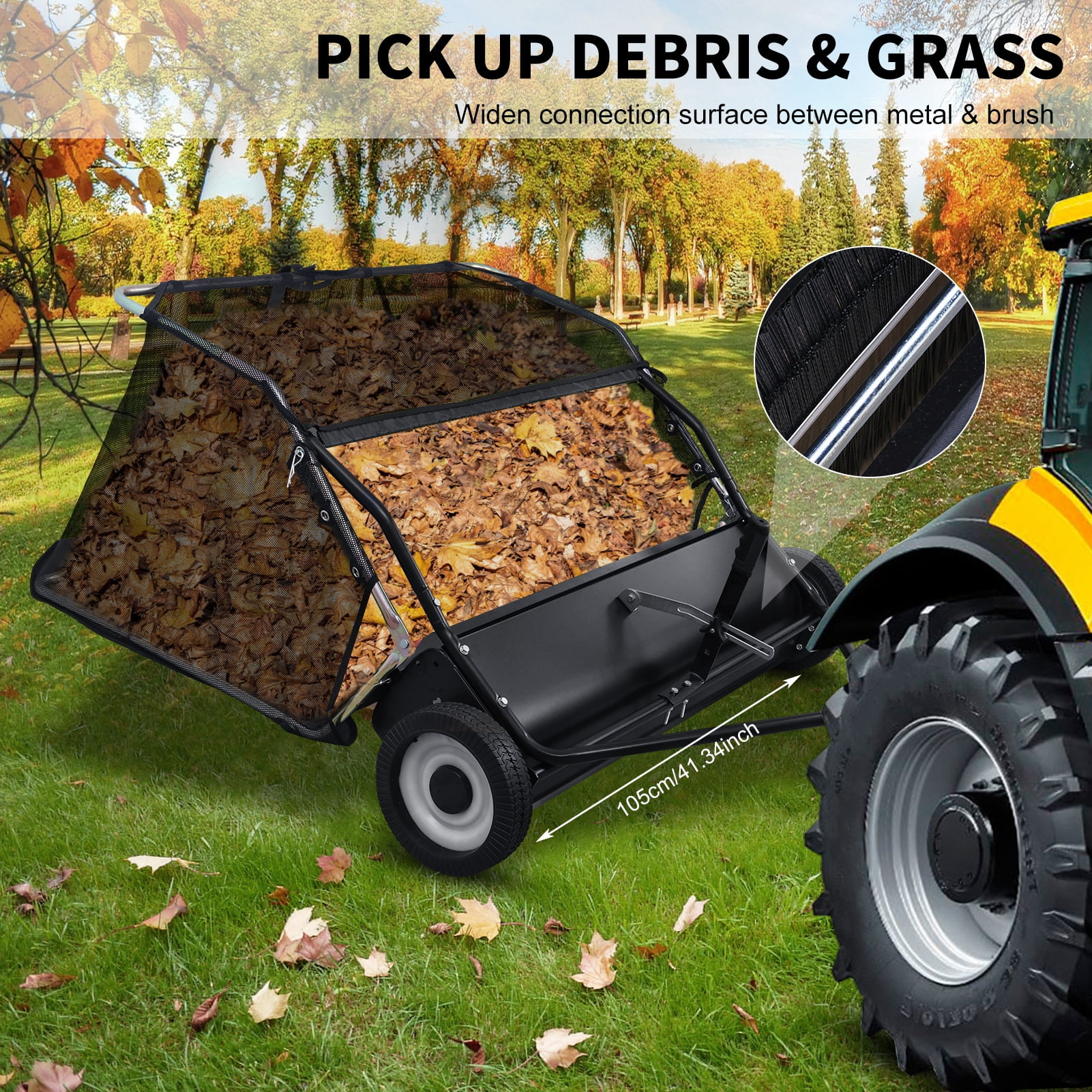 Wliqien 44-Inch Tow Behind Lawn Sweeper, Adjustable Sweeping Height Large Capacity Leaf Grass Collector, Heavy Duty Yard Sweeper with Dumping Rope Rubber Wheels