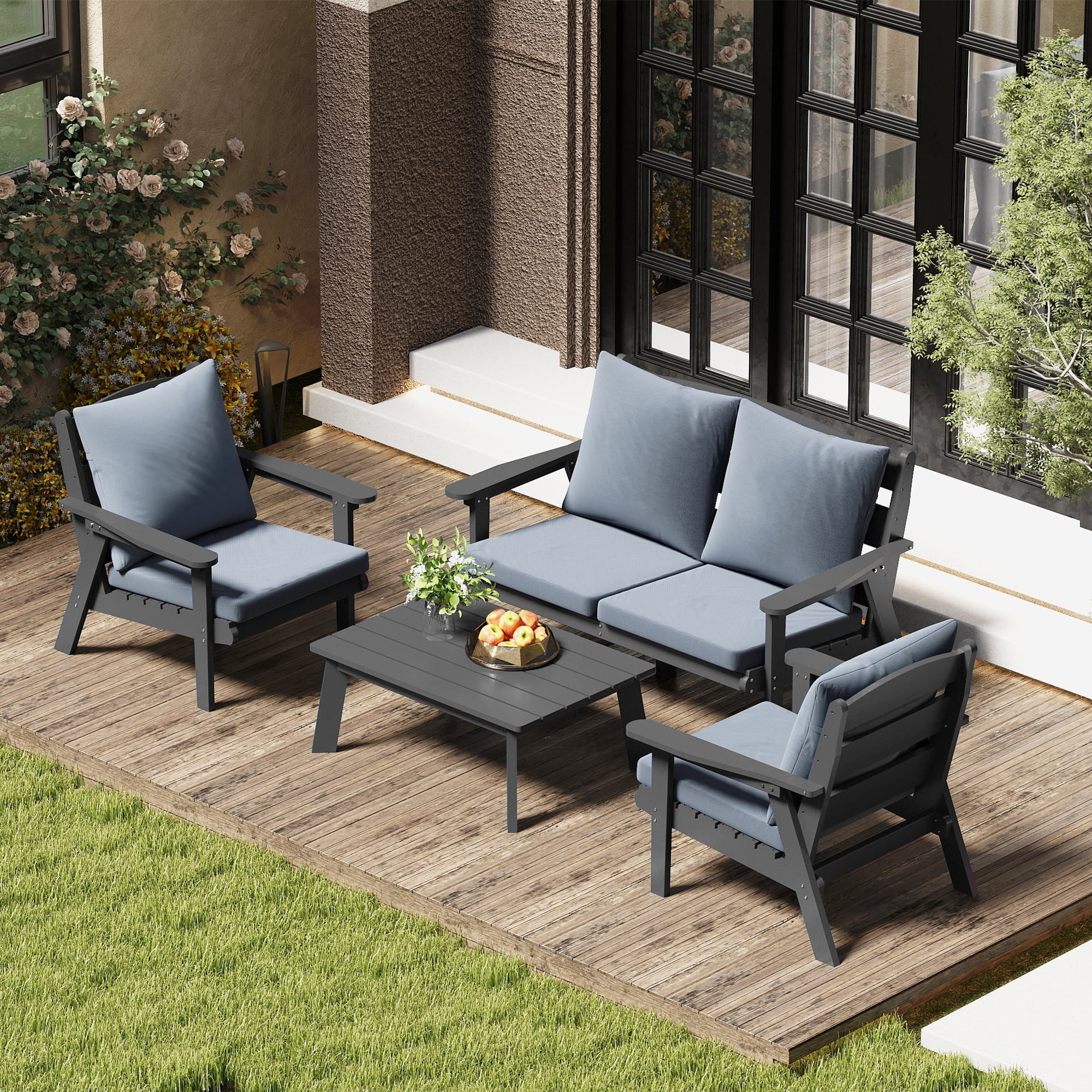FOOWIN 4-Piece Patio Furniture Set, HDPE Outdoor Conversation Set with 4 Seating & Cushions, Perfect Patio Sofa Set for Garden, Porch, Backyard, Grey Frame with Grey Cushion