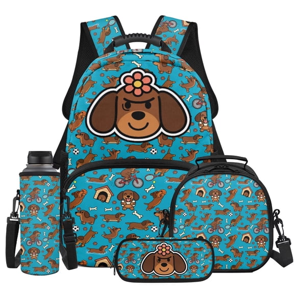 Yspwyqan Blue Dachshund Dog Backpack Set 4Pcs with Lunch Box Pencil Case and Water Bottle Bag, 17 Inch Lightweight Bookbag for Elementary Middle School Travel