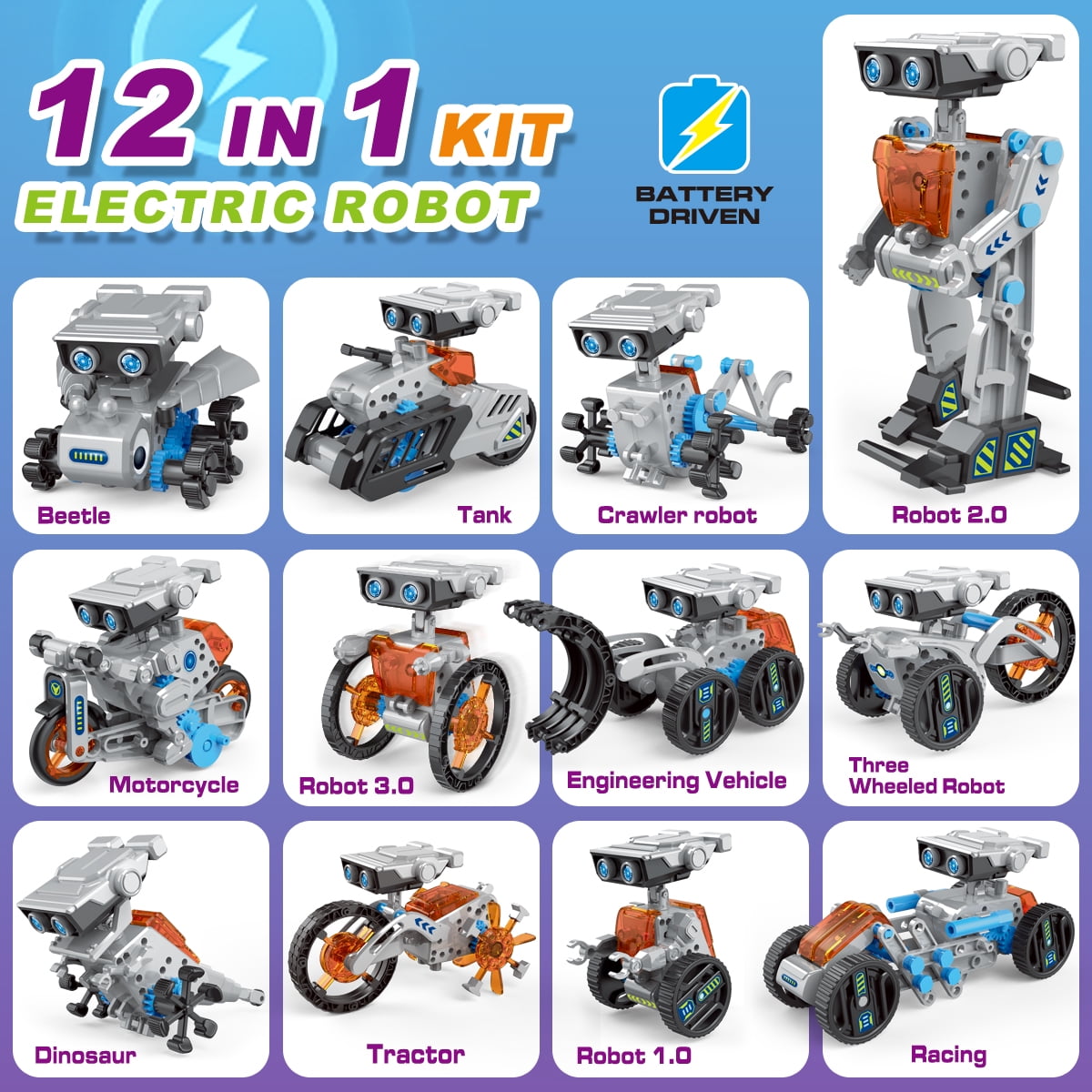 12 in 1 Robot Architecture Education Kit STEM Gift for Boys Aged 3-13, DIY Science Robot Toys for Children and Teenagers' Birthday, 202 pieces