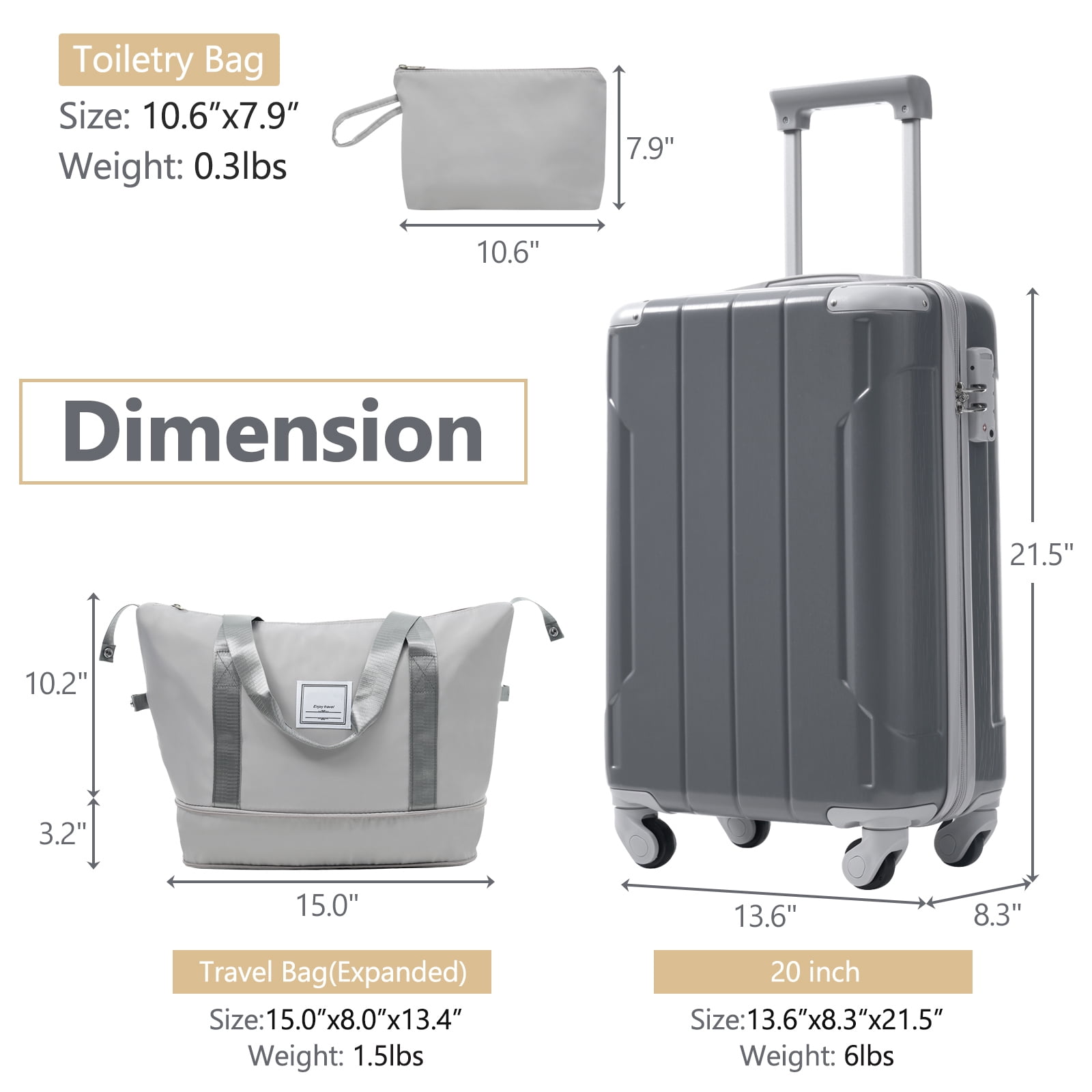 imerelez 20 Inch Carry On Luggage Set 3 Piece with Spinner Wheels, Lightweight Hardshell ABS Suitcase for Weedend Getaways, Business Travel
