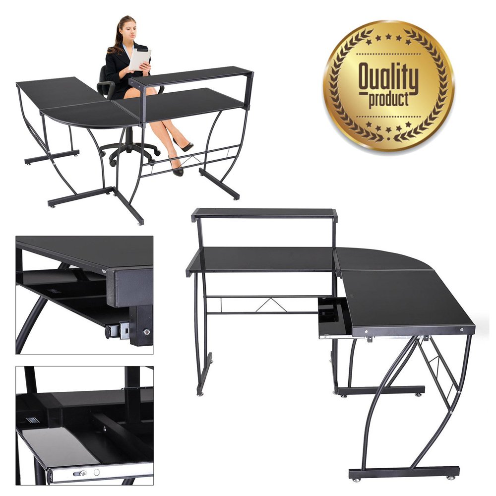 Koval Inc. L Shape Tempered Glass Computer Laptop PC Corner Desk Home