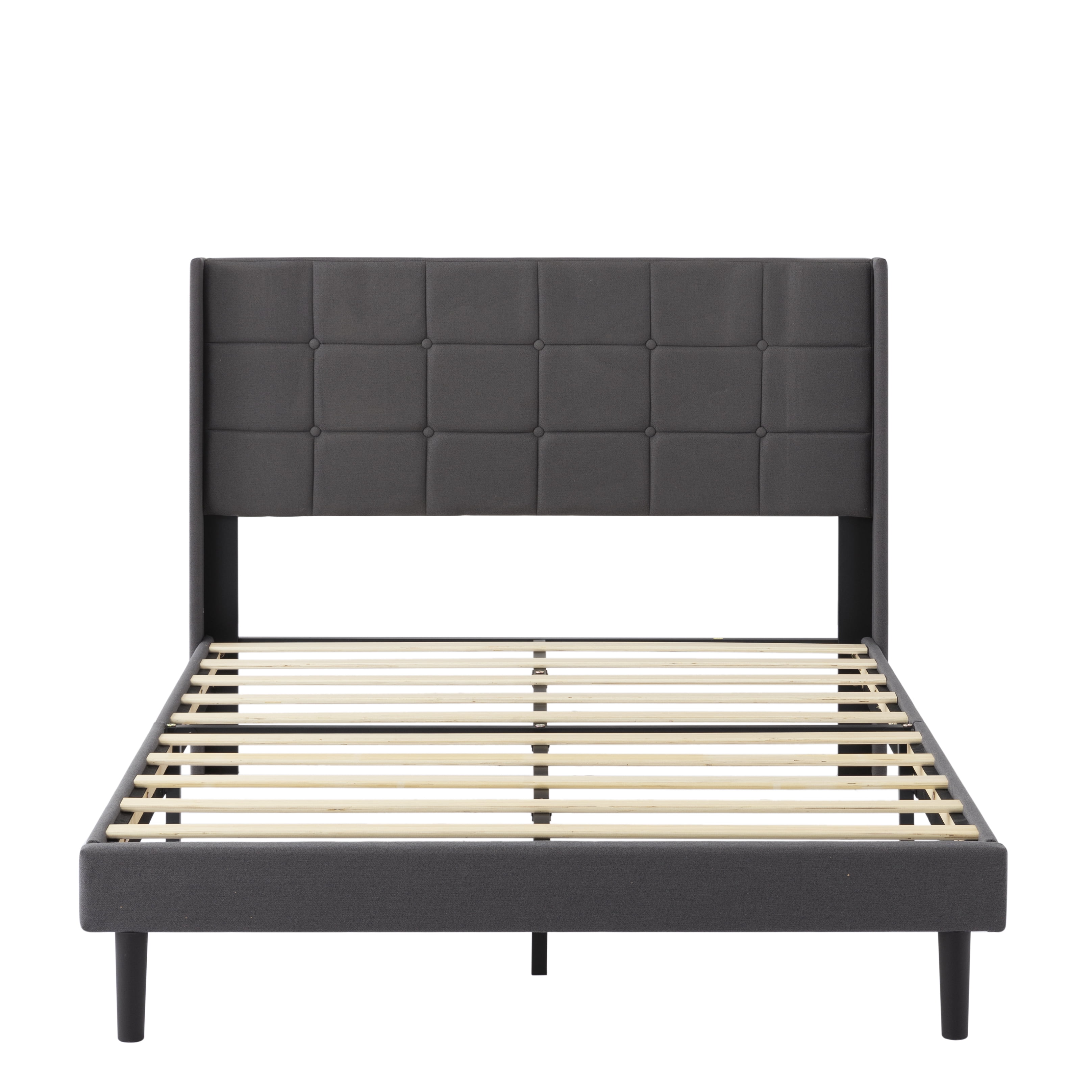 BSHTI Simple Modern Design FULL Size Platform Bed Frame with Upholstered Headboard and Wood Slats Support for Bedroom