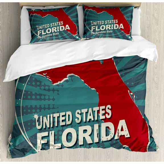 Florida Duvet Cover Set Queen Size, Retro Style Sunburst Worn Out Backdrop with the City Map of Florida United States, Decorative 3 Piece Bedding Set with 2 Pillow Shams, Multicolor, by Ambesonne