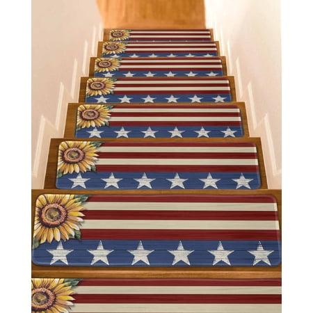 Sunflower America Flag Stair Treads for Wooden Steps Indoor Runner Rug Carpet Farmhouse Retro US Flag 4 Pieces Peel and Stick Staircase Step Treads Covers Washable Throw Door Mats 30 x8