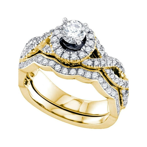 14kt Yellow Gold Womens Round Diamond Twist Halo Bridal Wedding Engagement Ring Band Set 1.00 Cttw