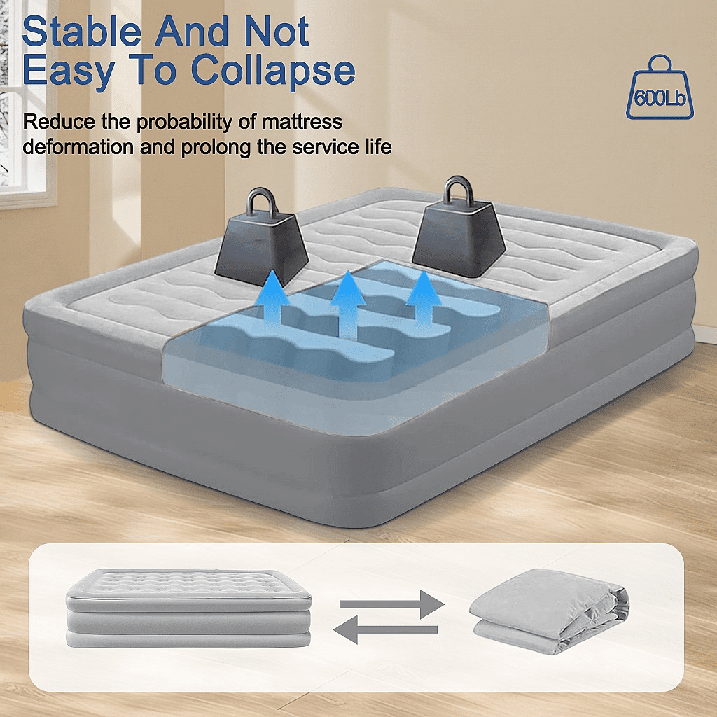 JieC Air Mattress , Inflatable Airbed with Built-in Pump & Headboard for Guest Home Camping Travel, 600lb MAX (Gray,Queen Size)
